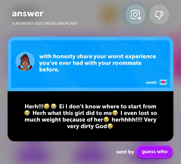 Influencer Debor asked her followers on SendIt What is their worst roommate experience