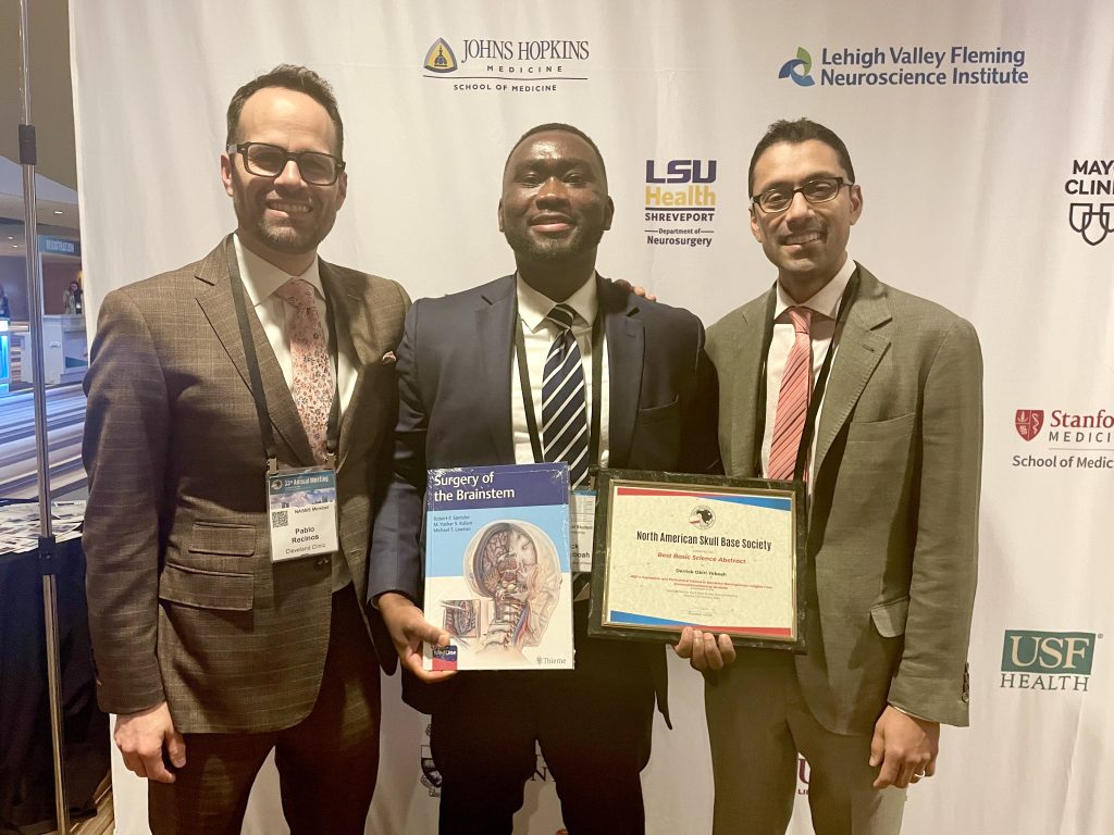 PICTURED: Derrick Obiri-Yeboah with his Principal Investigators (PIs) and mentors, Dr. Pablo Recinos MD (left) and Varun R. Kshettry MD (right)