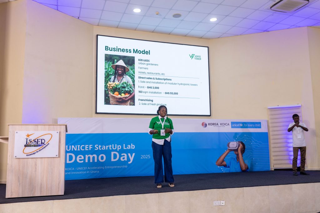 Founder of Verte Tower Georgina Boamah pitching at Unicef Startup Lab demo day